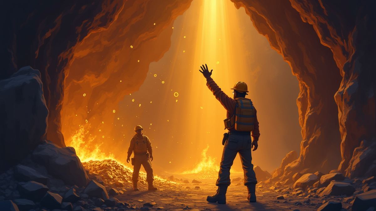 Een mijnwerker viert een grote prijs in een gouden grot.