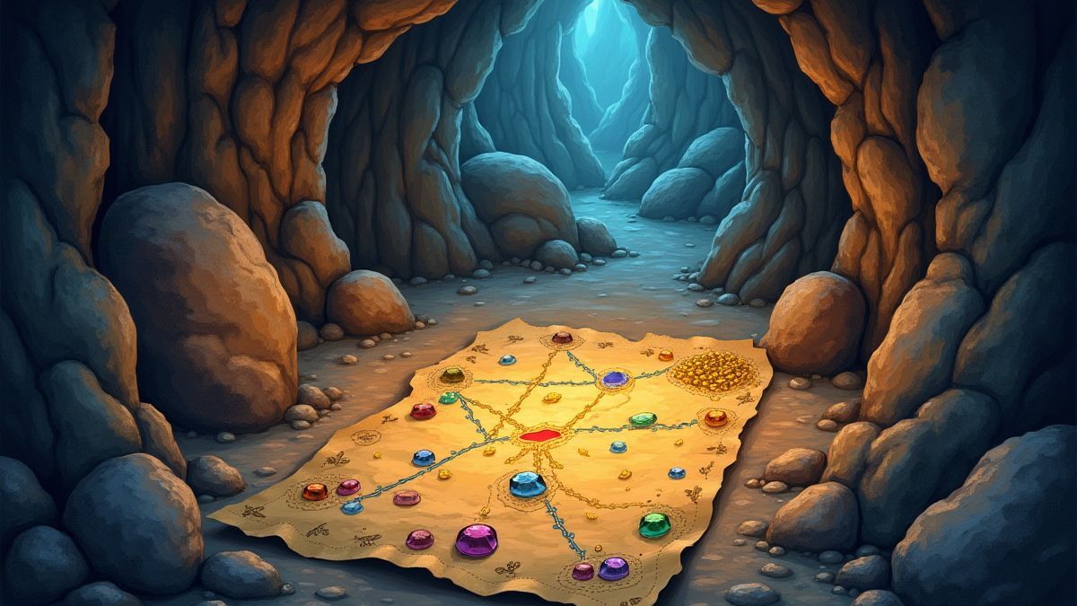 Een schatkaart binnenin een grot die paden naar edelstenen en goud toont.