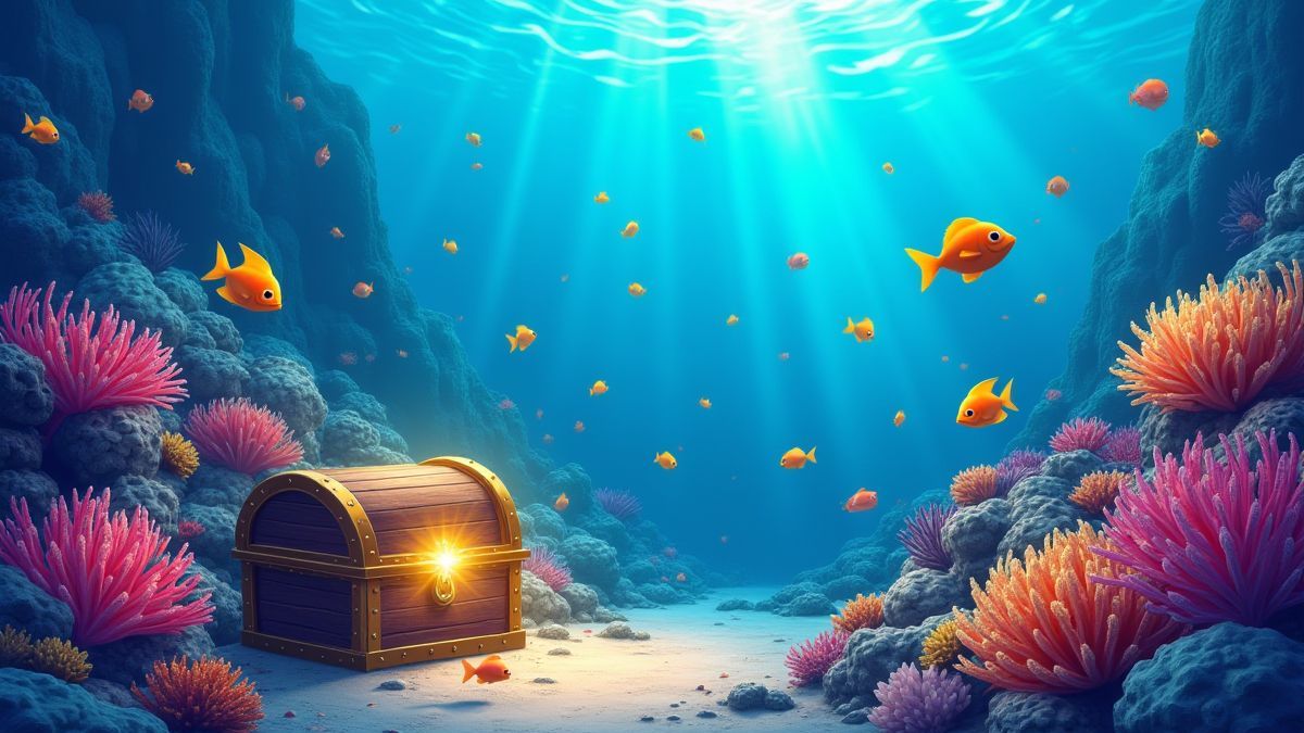 Vibrant corals and fish alongside a glowing treasure chest.
