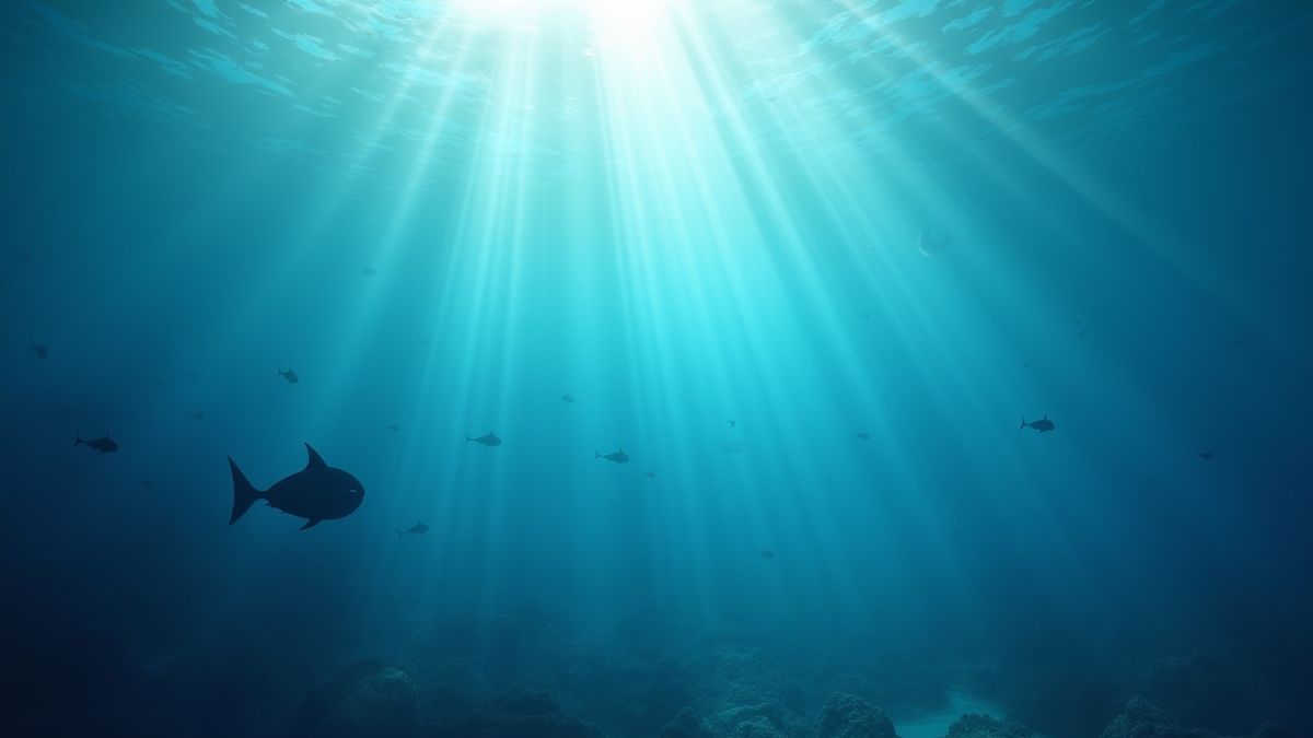 Underwater scene with rays of light and schools of fish swimming.