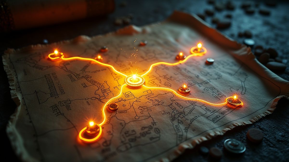 A glowing treasure map with marked routes leading to coins and gems.