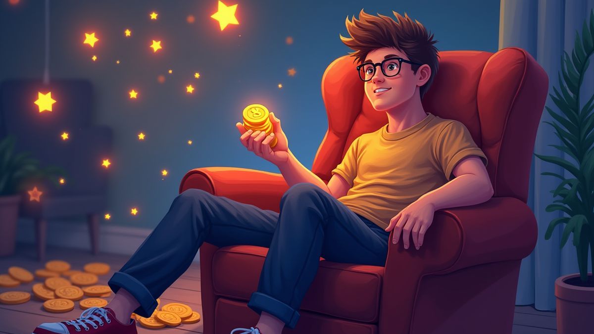 A casual gamer sitting in a comfortable chair surrounded by glowing symbols.