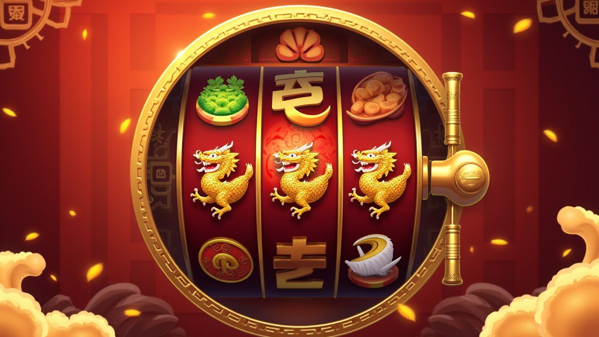 Drehende Spielautomaten mit asiatischen Symbolen.