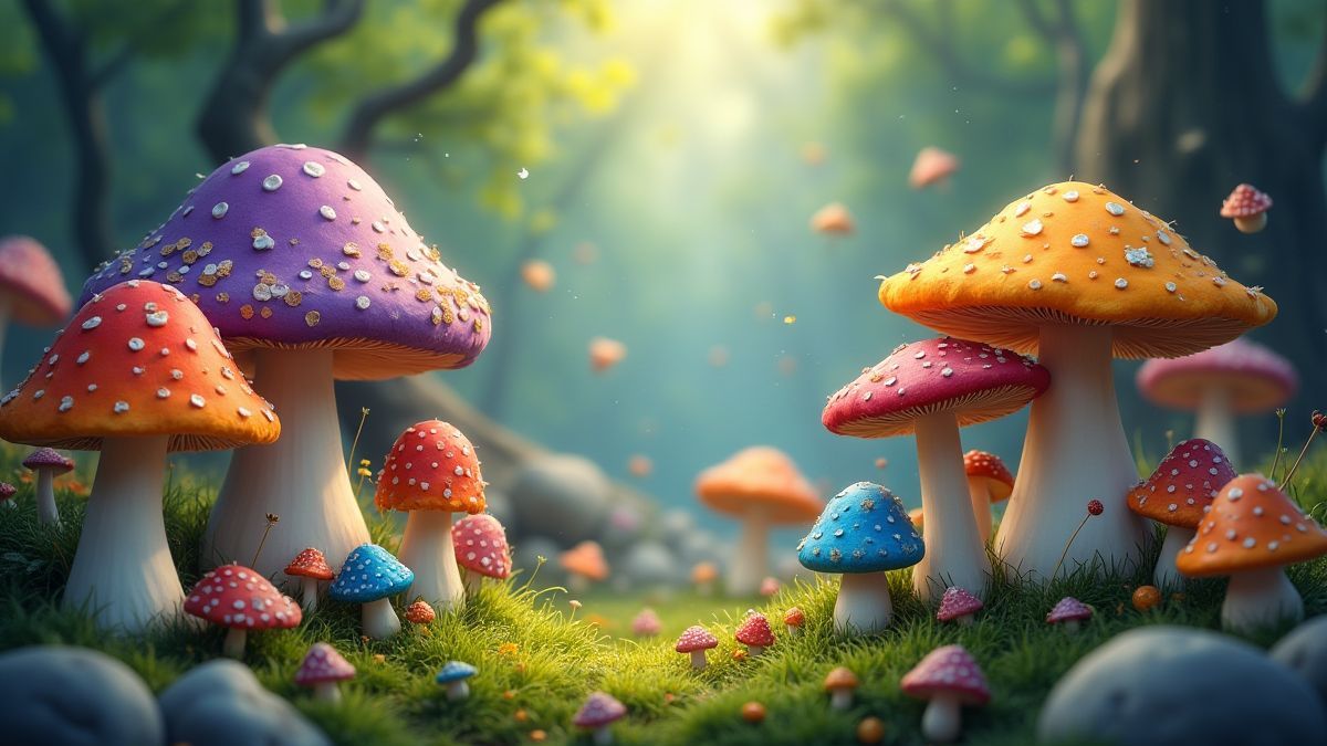 Hongos coloridos en un bosque mágico.