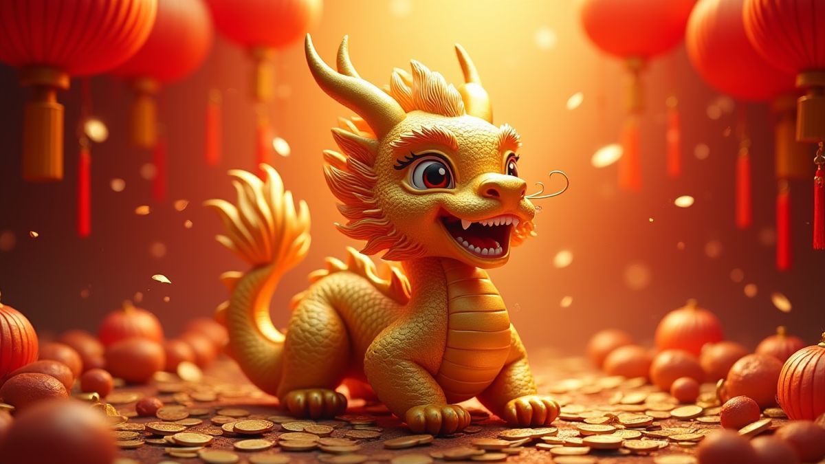 Dragon doré entouré de pièces et de lanternes rouges.