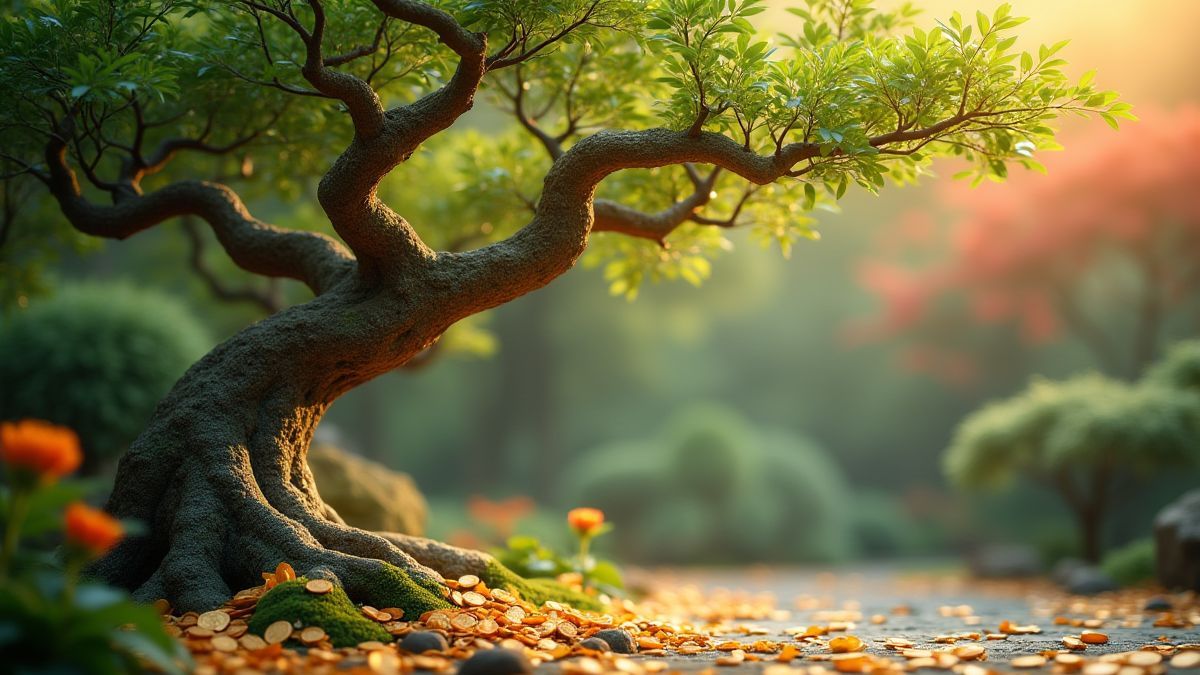 Jardin asiatique avec arbre de la fortune et pièces d'or.
