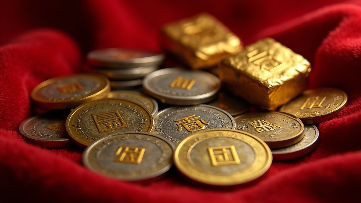 Monedas chinas tradicionales y lingotes de oro sobre terciopelo.