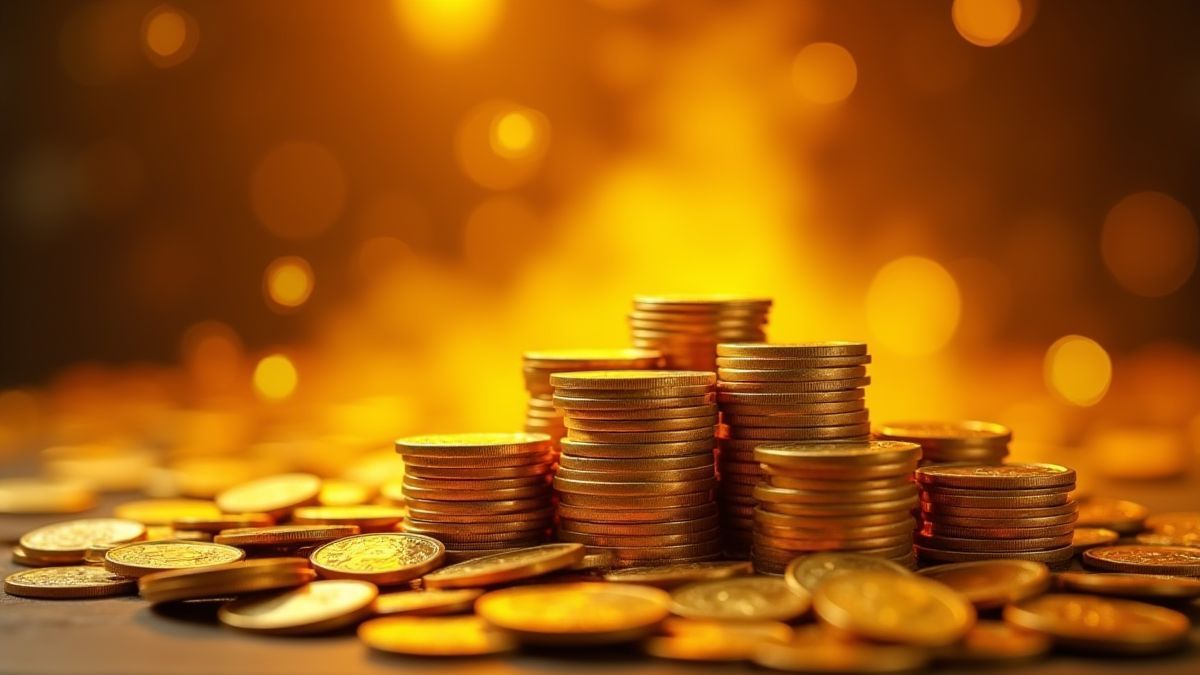 Montones de monedas doradas con un fondo brillante de jackpot.