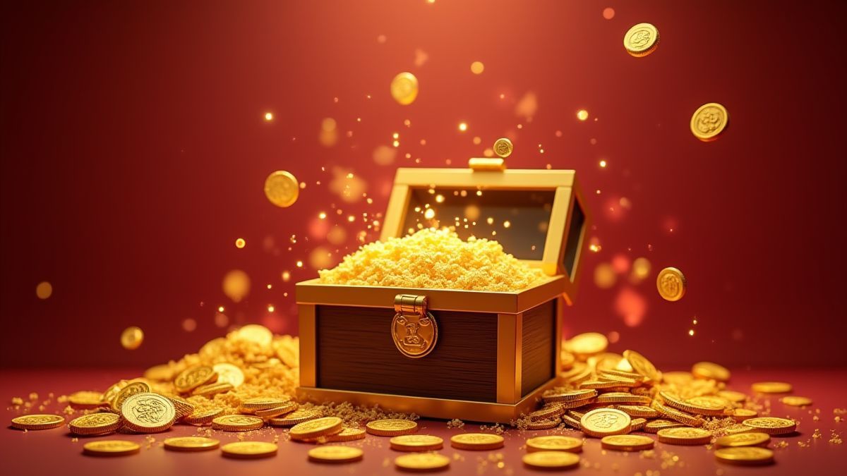 Golden coins and lucky symbols around a treasure chest with Asian design.