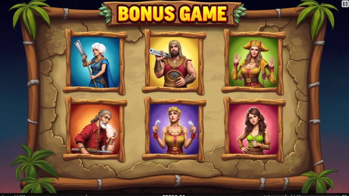 Bonus game screen with interactive icons and a treasure map.