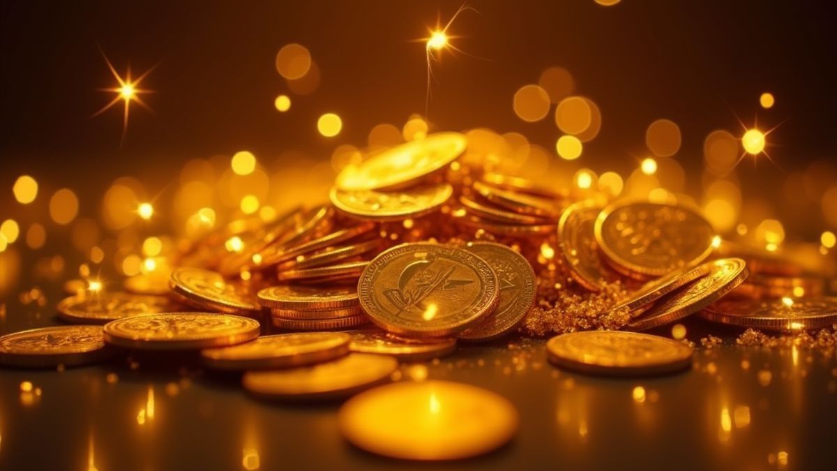 A pile of shining gold coins with lights in the background.