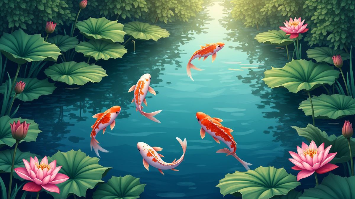 Image d'un étang tranquille avec des poissons koi et des fleurs de lotus.