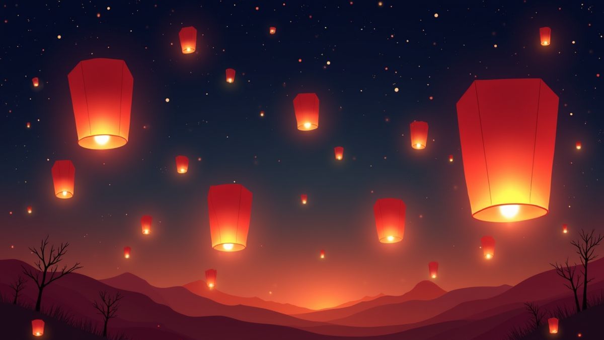 Lanternas chinesas flutuando no céu noturno.