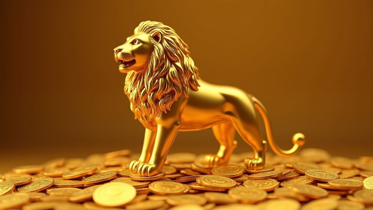 Estátua de leão dourado rodeada de moedas de ouro.