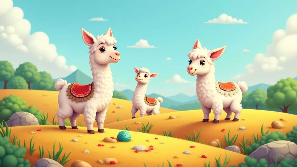 A colorful farm landscape with quirky llamas and scattered treasures.