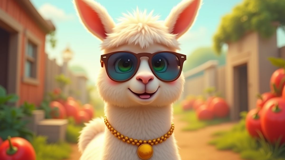 An animated llama with sunglasses and a gold necklace, surrounded by colorful farm elements.