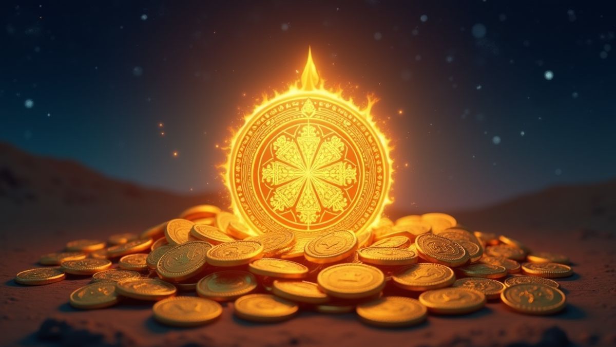 Um talismã brilhante rodeado de moedas douradas sob um céu estrelado.