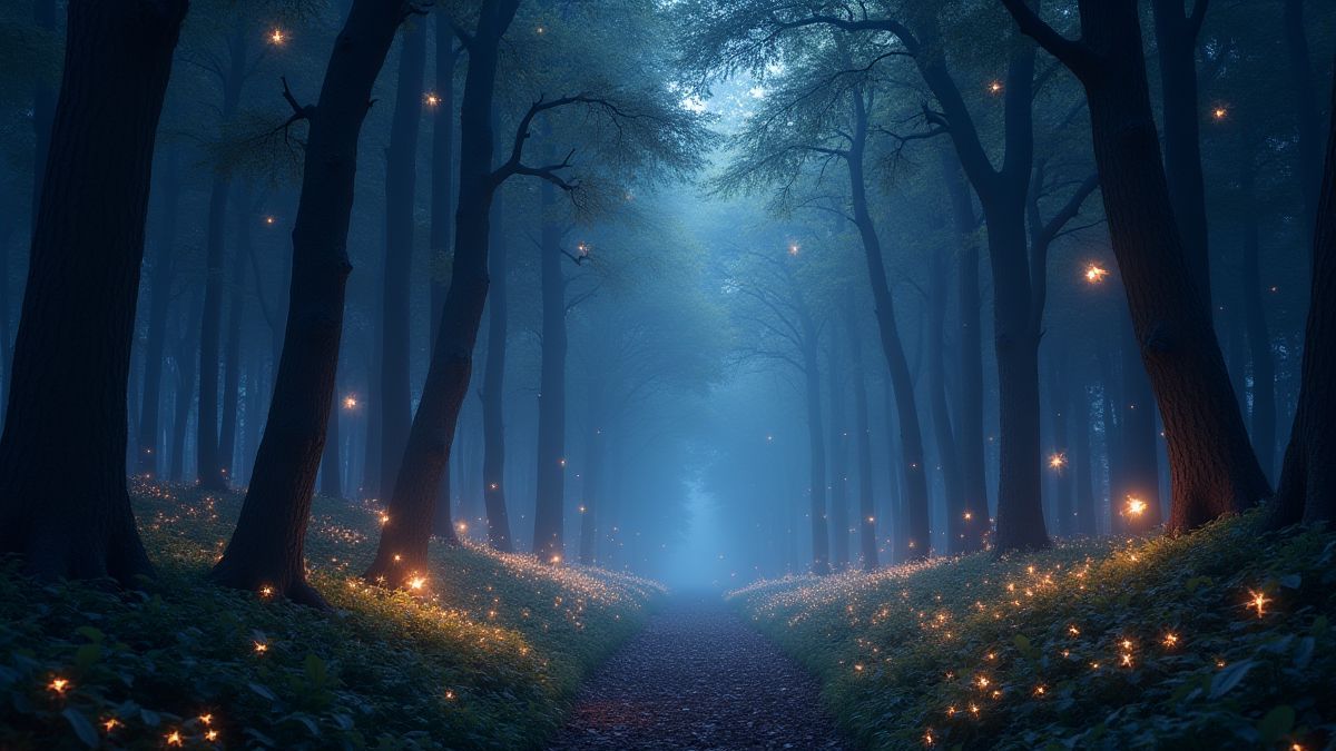 Um bosque mágico com luzes brilhantes e símbolos resplandecentes flutuando no ar.