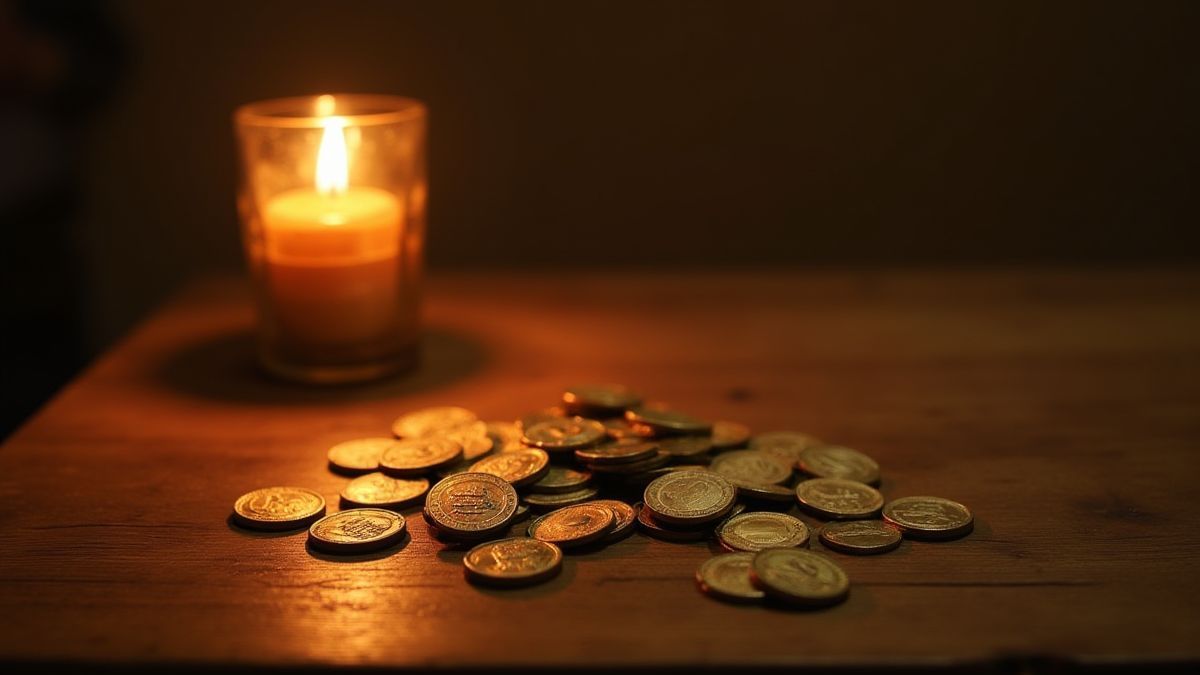 Amuletos da sorte e moedas brilhantes sobre uma mesa de madeira iluminada por velas.