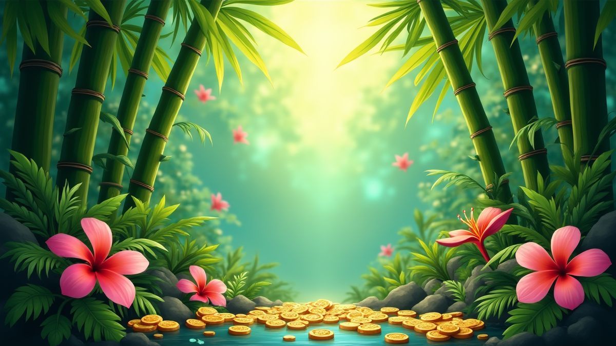 Une jungle asiatique avec du bambou, des fleurs exotiques et des pièces dorées.