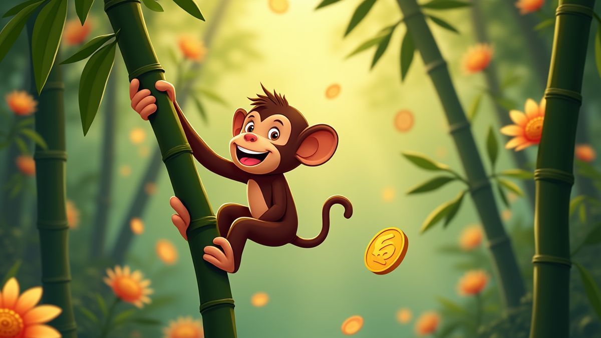 Un singe se balançant sur un arbre de bambou entouré de pièces dorées.