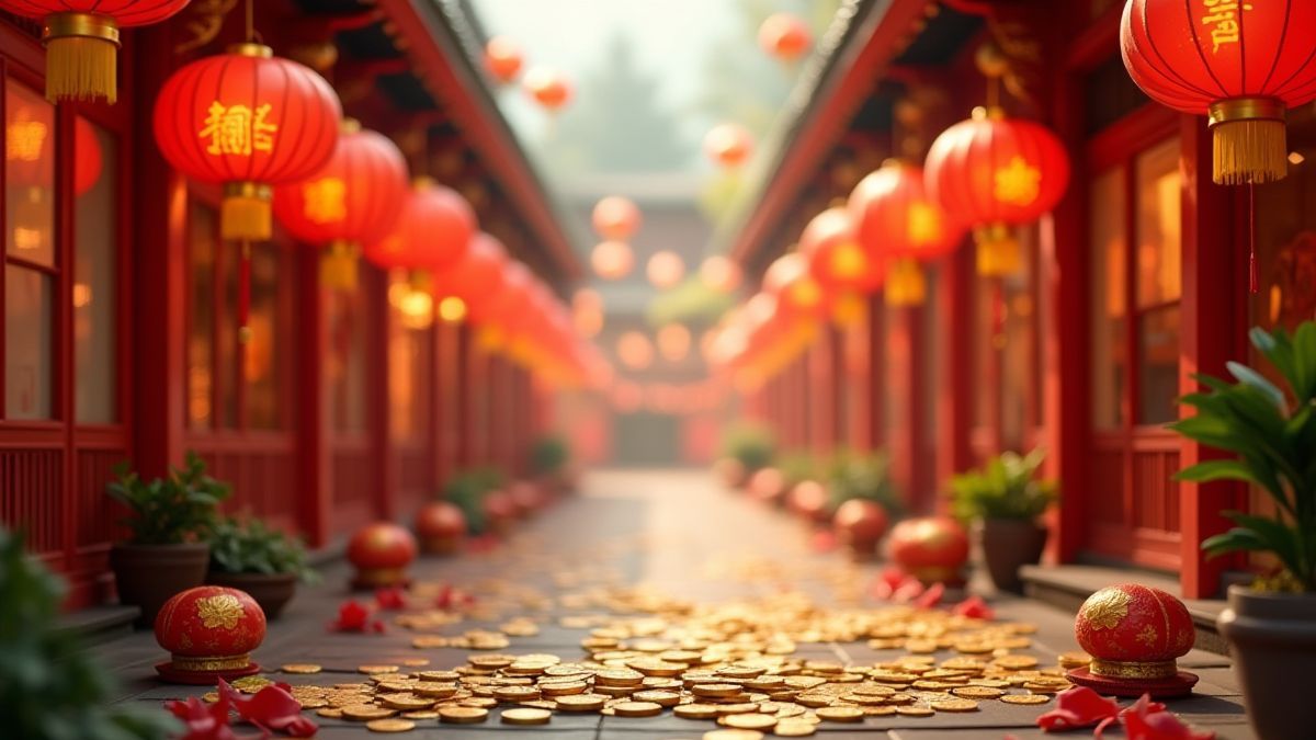 Levendige Chinese-stijl markt met lantaarns en gouden munten.