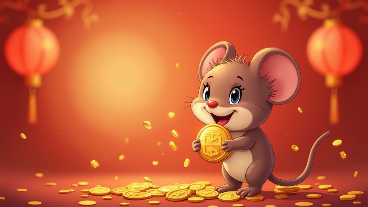 Een animatische muis die een gouden staaf vasthoudt in een feestelijke Chinese omgeving.