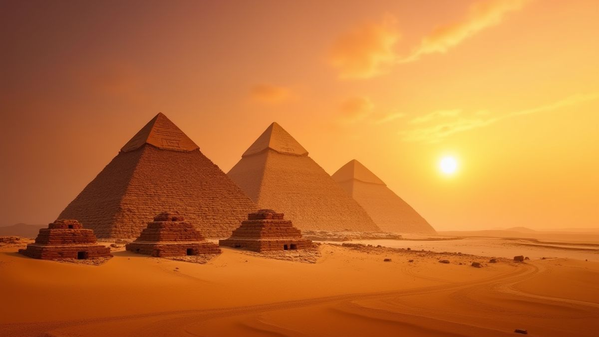 Egyptian pyramids at sunset in a landscape of golden sand.