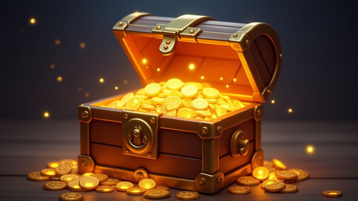 Treasure chest filled with gold coins and sparkling jewels.