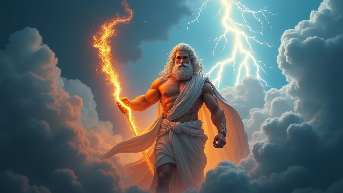 Radiant Zeus holding a lightning bolt surrounded by rays and clouds.