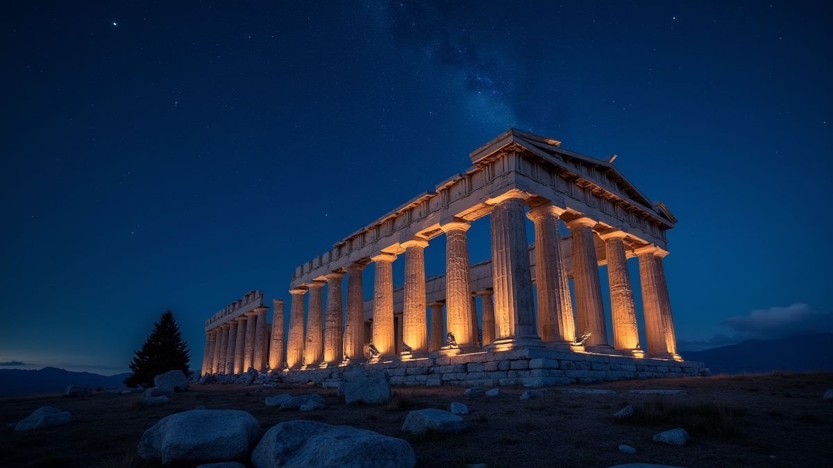 Starry sky above a Greek temple with glowing columns and mystical lights.