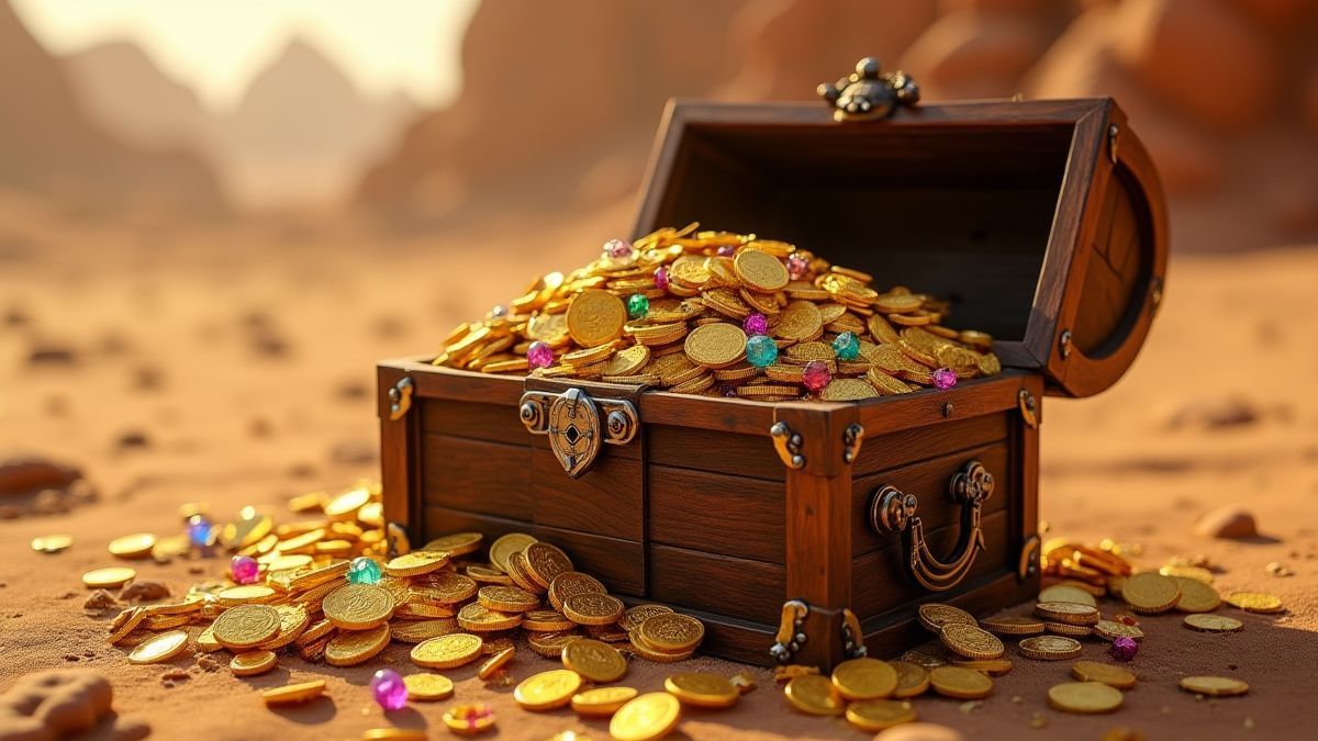 Un cofre del tesoro lleno de monedas de oro y joyas en un escenario desértico.