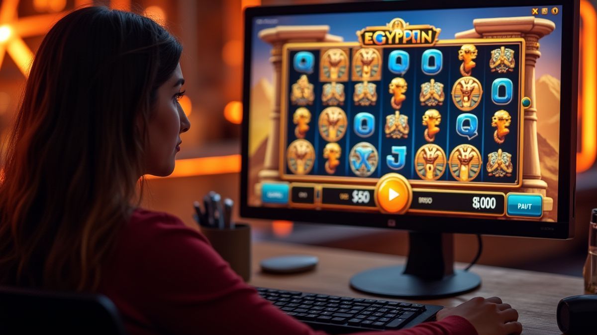 Jugador frente a una pantalla mostrando una tragamonedas temática egipcia.