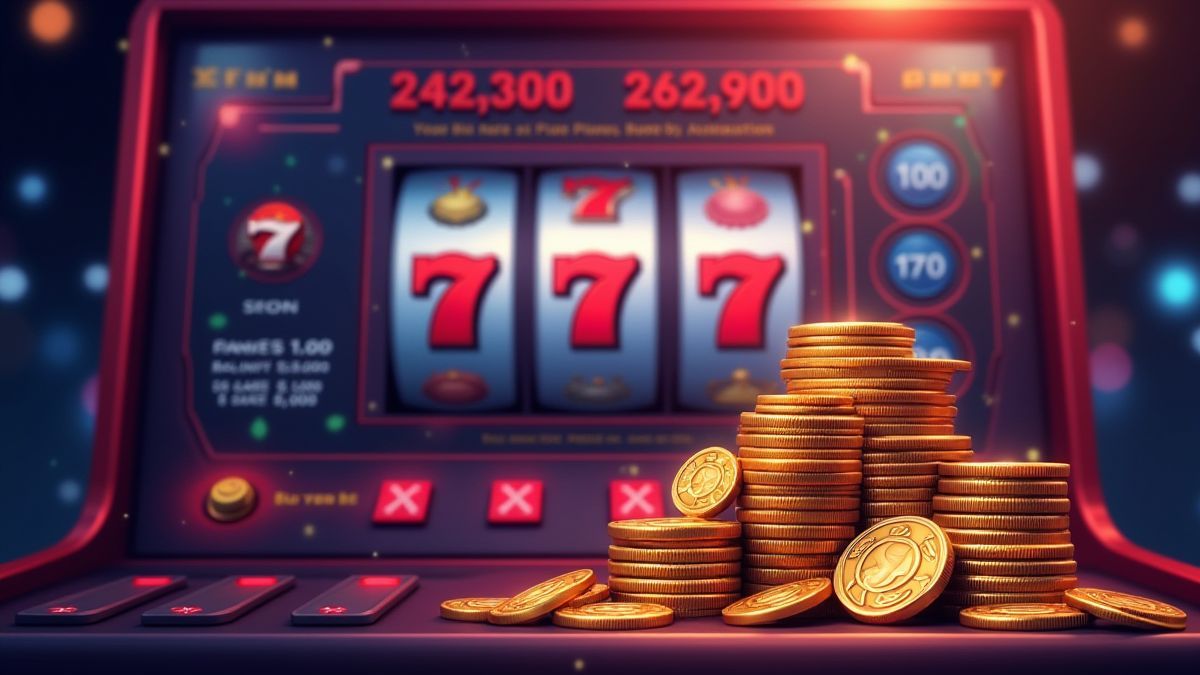 Moedas empilhadas em uma tela de máquina caça-níqueis digital.
