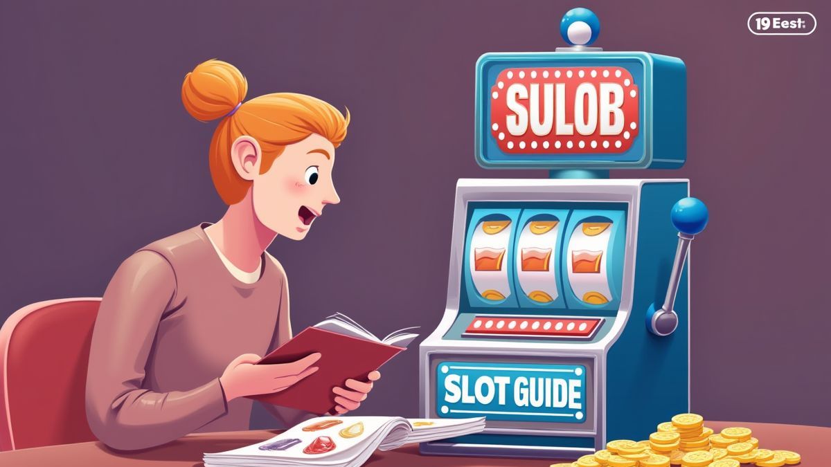 Um jogador estudando um guia de caça-níqueis com moedas ao redor.
