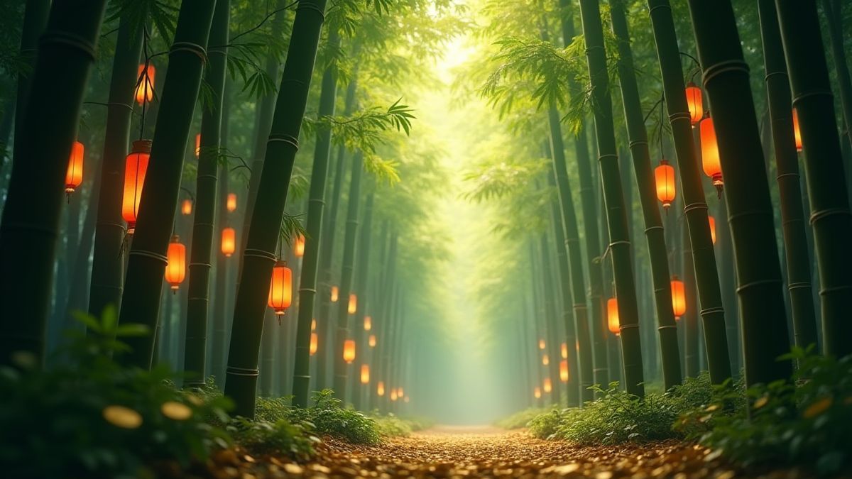 Un bosque de bambú con linternas colgantes y monedas doradas dispersas.