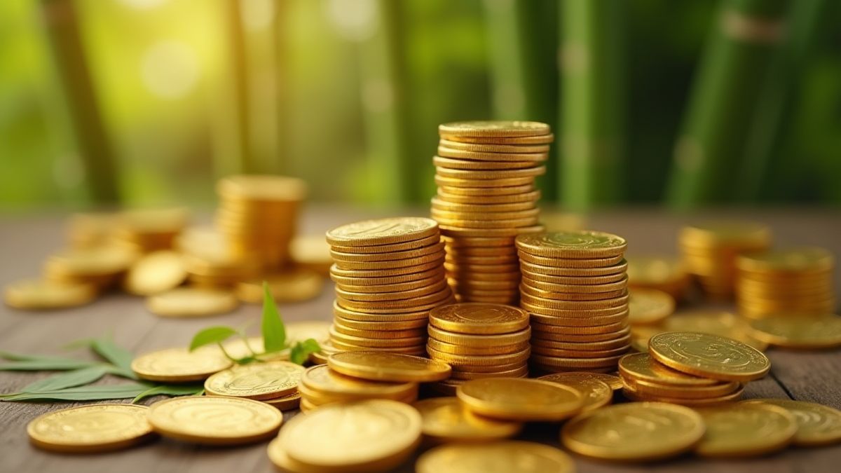 Primer plano de monedas doradas apiladas con hojas de bambú alrededor.