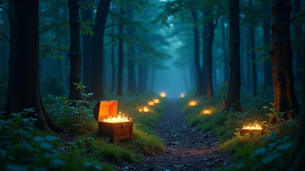 Ein mystischer Wald mit leuchtenden Schatztruhen.