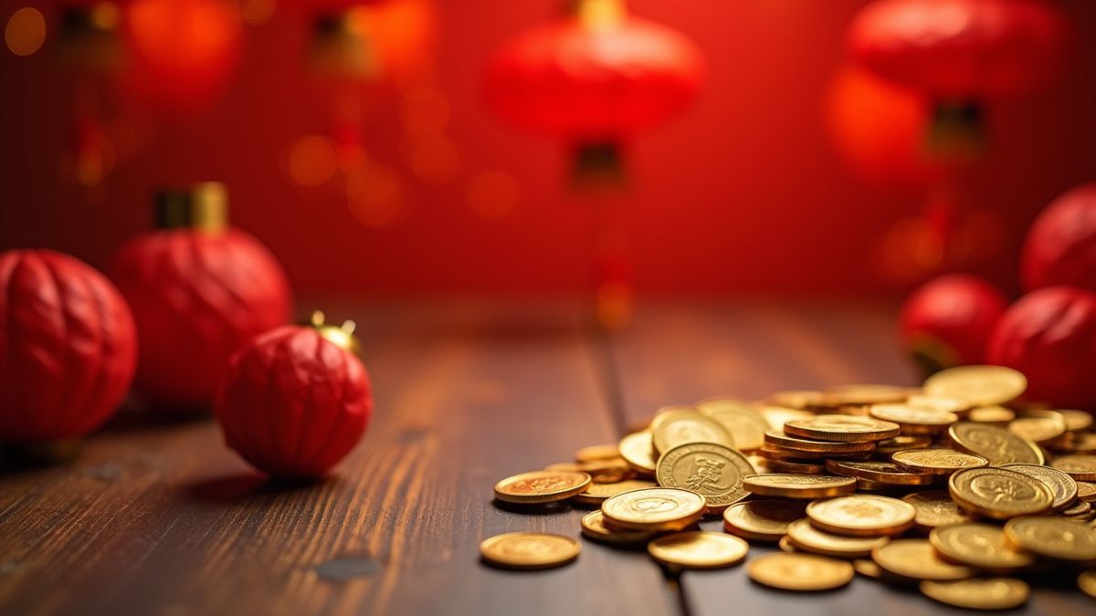 Monedas doradas y linternas rojas chinas sobre una mesa de madera.