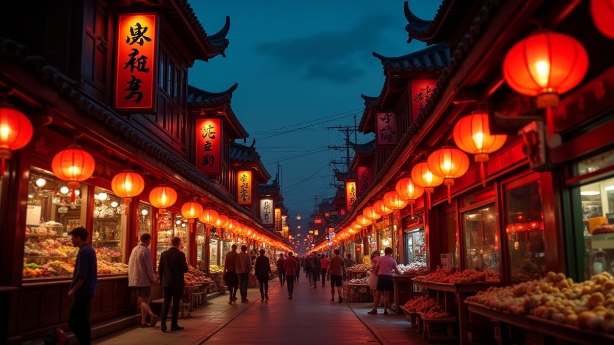 Mercado asiático tradicional com linternas vermelhas brilhantes e ambiente noturno.
