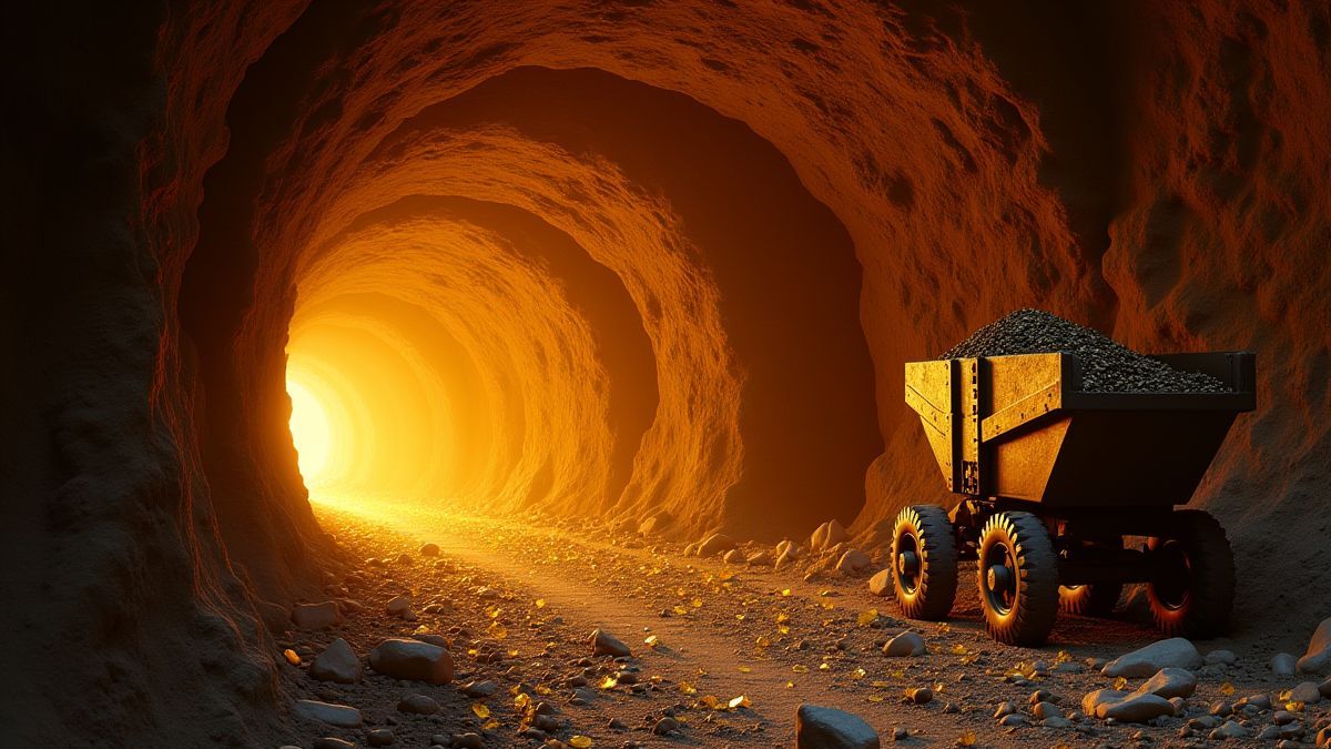 Goldmine-Tunnel mit Edelsteinen und einem Minenwagen.