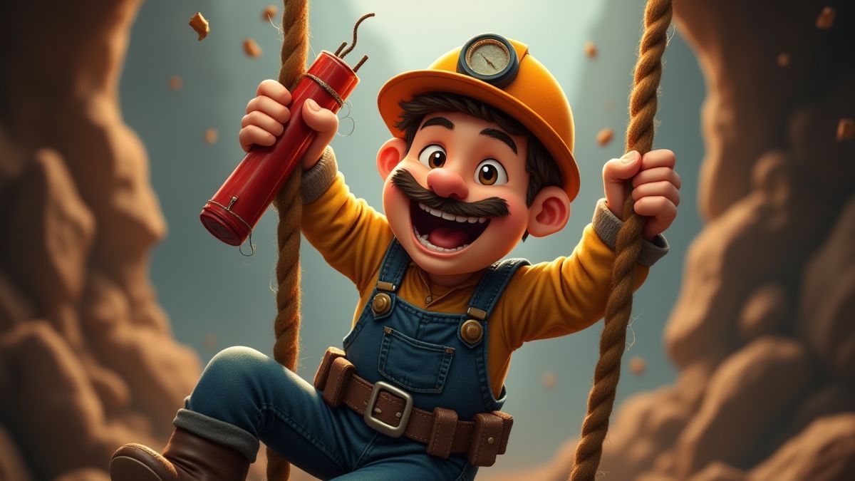 Fröhlicher Miner schwingt an einem Seil mit Dynamit in der Hand.