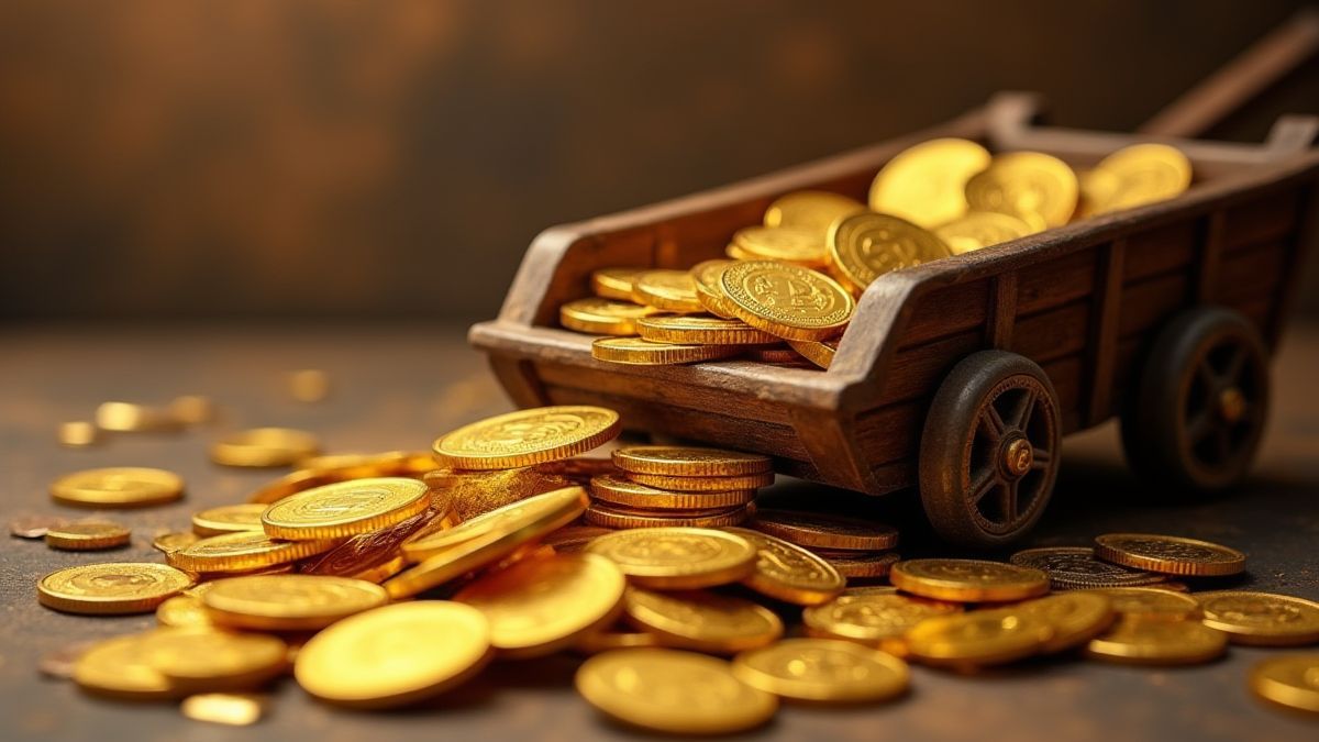 Minenwagen voller Goldmünzen.