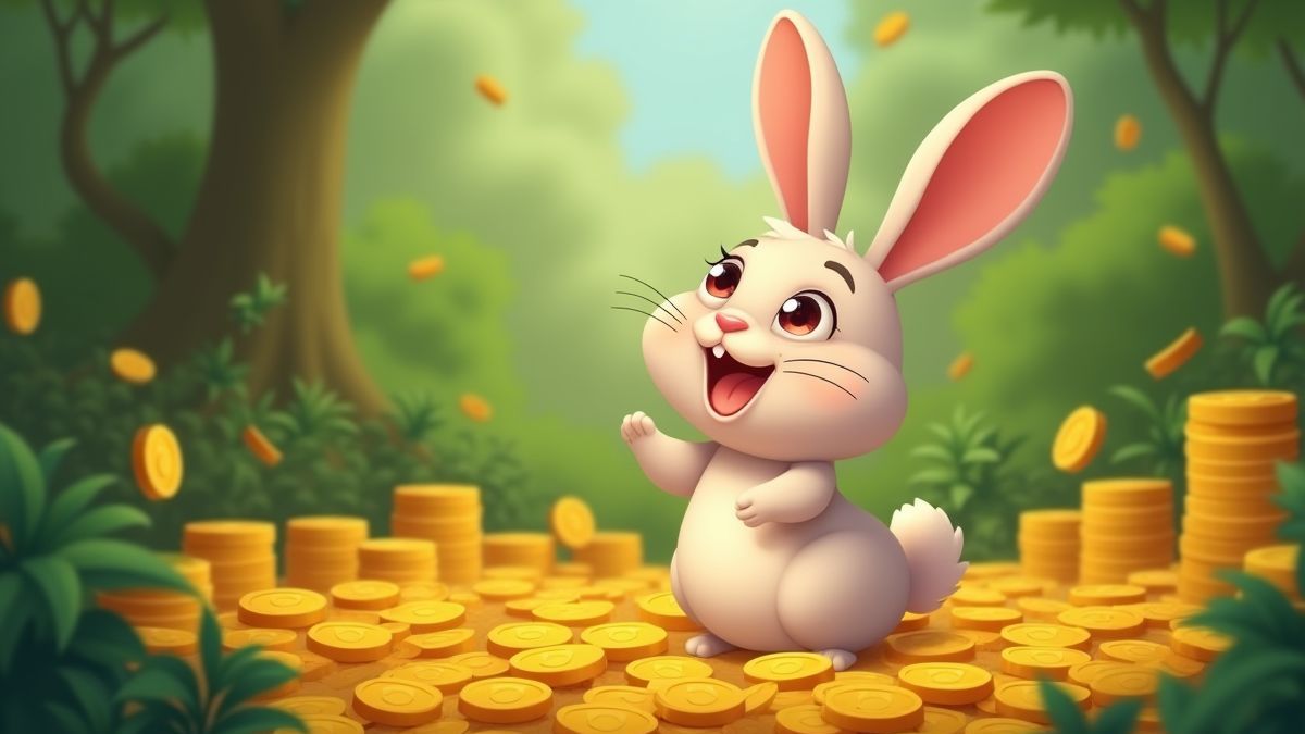 Un lapin joyeux entouré de pièces d'or et de végétation luxuriante.