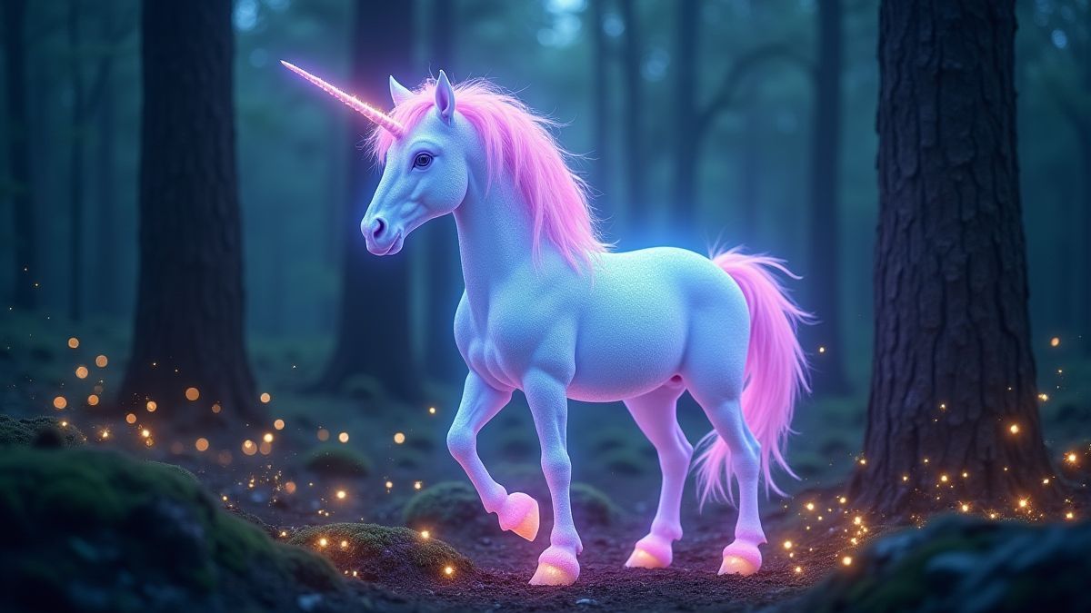 Um unicórnio mágico em uma floresta fantástica cheia de luzes brilhantes.