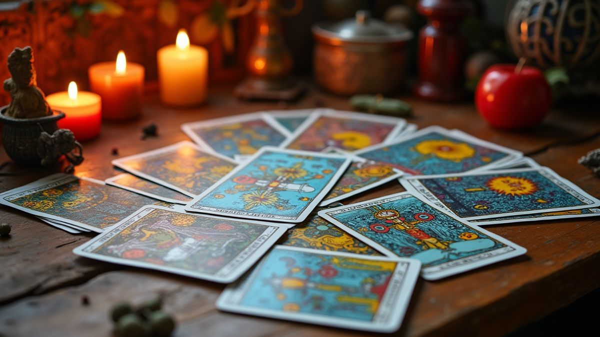 Cartas del tarot en una mesa de madera rodeadas de velas y objetos místicos.