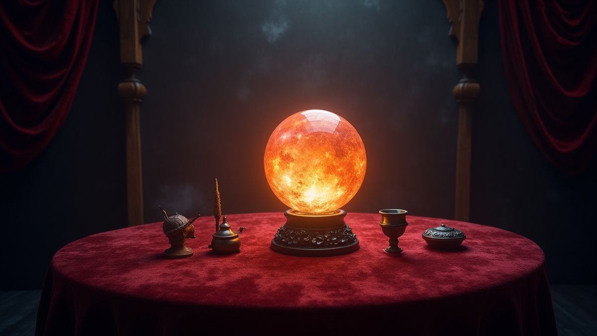 Bola de cristal brillante en una mesa cubierta de terciopelo rodeada de objetos mágicos.