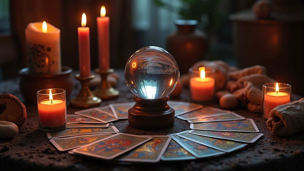 Uma mesa de adivinha com cartas de tarot, velas e uma bola de cristal.