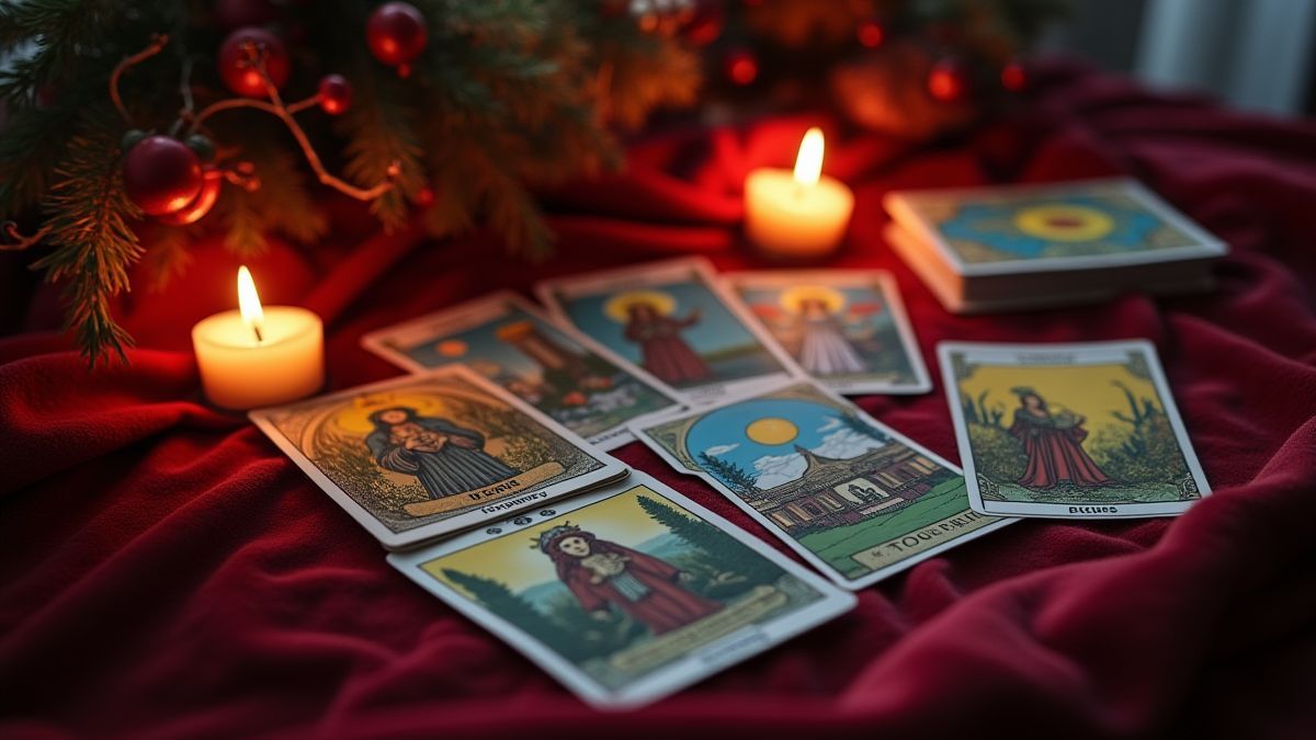 Cartas de tarot sobre um pano de veludo com velas brilhantes ao redor.