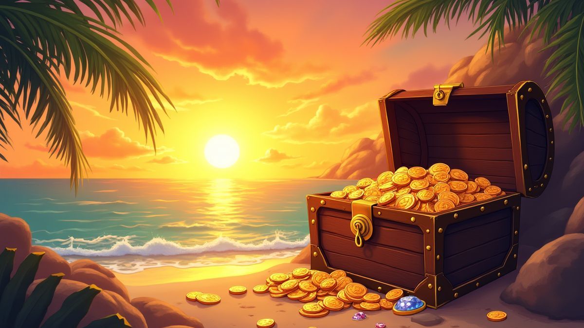A chest full of golden coins and jewels under a tropical sunset.